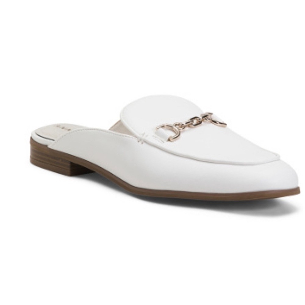 New Anne Klein Brantly White Mules Slides Loafers Women's Size 9.5M Chain Detail